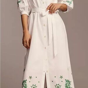 Anthropologie White Maxi Shirt Dress with Green Embroidery